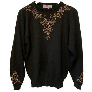 Honors Vintage Gold Beaded Floral Black Sweater Sz M Dainty Feminine Elegant